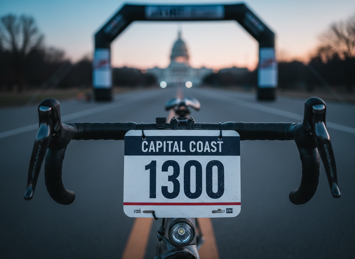 A dynamic, photographic close-up of a race number plate labeled “Capital Coast 1300” securely fastened to a matte titanium bike’s handlebars with black zip ties. The number plate is bright white with bold navy and crimson graphics, slightly speckled with dried road dust. Behind it, the bike’s bar tape, brake levers, and a compact front light are visible in partial focus. The background shows an out-of-focus start arch and a long, empty road stretching away from the U.S. Capitol dome at dawn. Cool blue early-morning light blends with a subtle warm glow on the horizon, creating a serious, anticipatory mood. Shot at eye level with a shallow depth of field for a modern, professional racing aesthetic.
