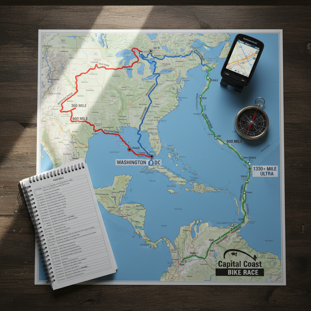 An overhead photographic view of a detailed route map for the Capital Coast Bike Race spread across a dark wooden table, showing multiple colored lines for 300-mile, 600-mile, and 1300+ mile routes radiating from Washington DC toward the coast. Laminated cue sheets, a high-end GPS cycling computer, and a metallic compass are neatly arranged around the map. Soft diffused window light from the left creates gentle reflections on the lamination and subtle shadows from the devices. The composition uses clean, professional typography on the map and a rule-of-thirds layout, emphasizing clarity and precision. The mood is strategic and focused, evoking careful planning for a demanding ultra-distance event, rendered in crisp photographic realism with subdued, sophisticated colors.