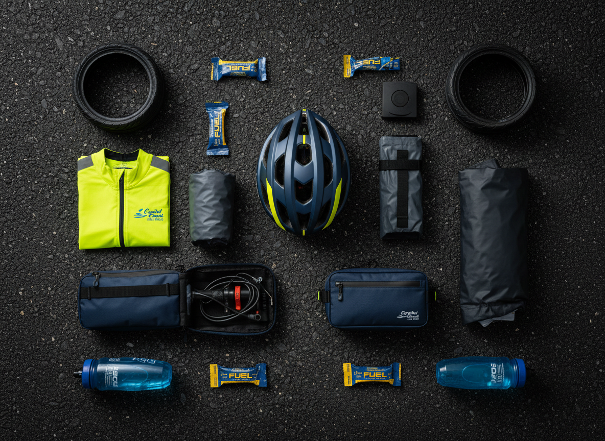 A meticulously arranged flat lay of ultra-endurance cycling gear for the Capital Coast Bike Race on a dark asphalt-textured background: aerodynamic helmet, reflective high-visibility vest with a small “Capital Coast Bike Race” logo, compact frame bag, neatly folded rain jacket, spare tires, tool kit, water bottles, and energy bar wrappers. Each item is color-coordinated in deep blues, charcoals, and bright safety accents. Overhead studio lighting creates soft, even illumination with subtle shadows defining each object’s contours. The composition is grid-like and highly organized, emphasizing preparedness and professionalism. Photographic realism with sharp detail throughout, conveying the seriousness and logistical complexity of tackling distances from 300 to over 1300 miles on a bicycle.