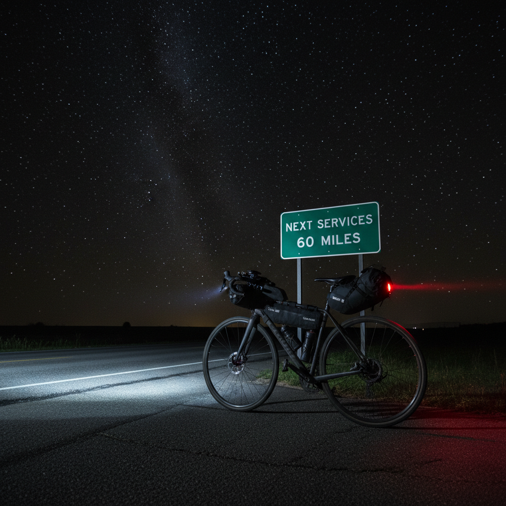 A nighttime scene of a high-end touring bike fully outfitted for ultra-distance racing, parked beside a reflective road sign that reads “Next Services 60 Miles” on a remote stretch of two-lane highway. The bike is loaded with compact frame, seat, and handlebar bags, each bearing small reflective “Capital Coast” tags. Its front dynamo light casts a controlled cone of white light onto the road, while a steady red rear light glows. The sky is ink-black, dotted with stars, with a faint suggestion of the Milky Way. Photographic realism with dramatic low-key lighting, shot from a low three-quarter angle, creating a mood of determination, isolation, and the challenge of overnight riding on a 1300+ mile course.