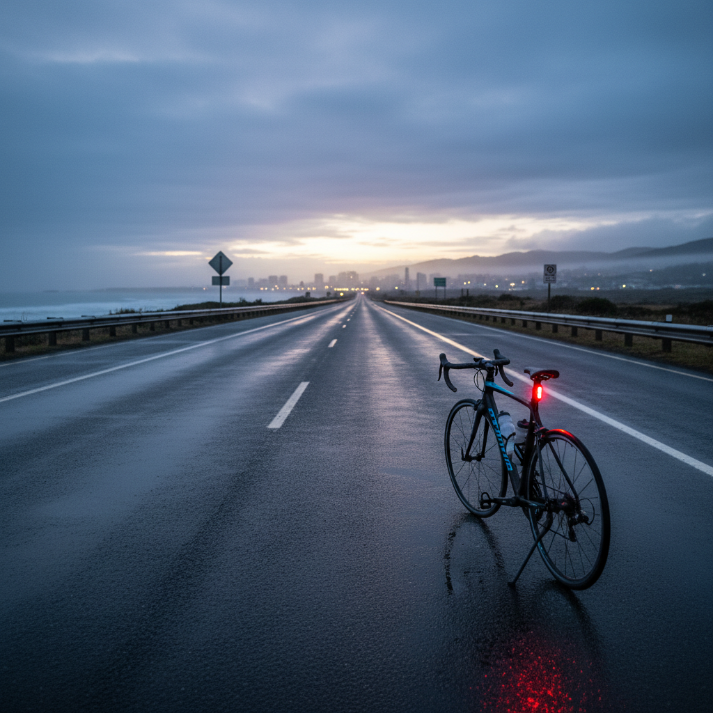 A long, empty coastal highway at dusk, slick from a recent rain, stretching toward a faintly glowing horizon where the last light of day meets low, layered clouds. In the foreground, a solitary, high-performance road bike rests on its kickstand at the shoulder, its rear red light flashing brightly and reflecting in small roadside puddles. The distant outline of a coastal city is hinted at by a subtle band of warm lights. The scene is captured in photographic realism from a low, wide-angle perspective, emphasizing the vastness of the journey. Cool, moody lighting with gentle mist softens the background, creating an atmosphere of endurance, solitude, and the immense scale of the Capital Coast Bike Race’s longest routes.