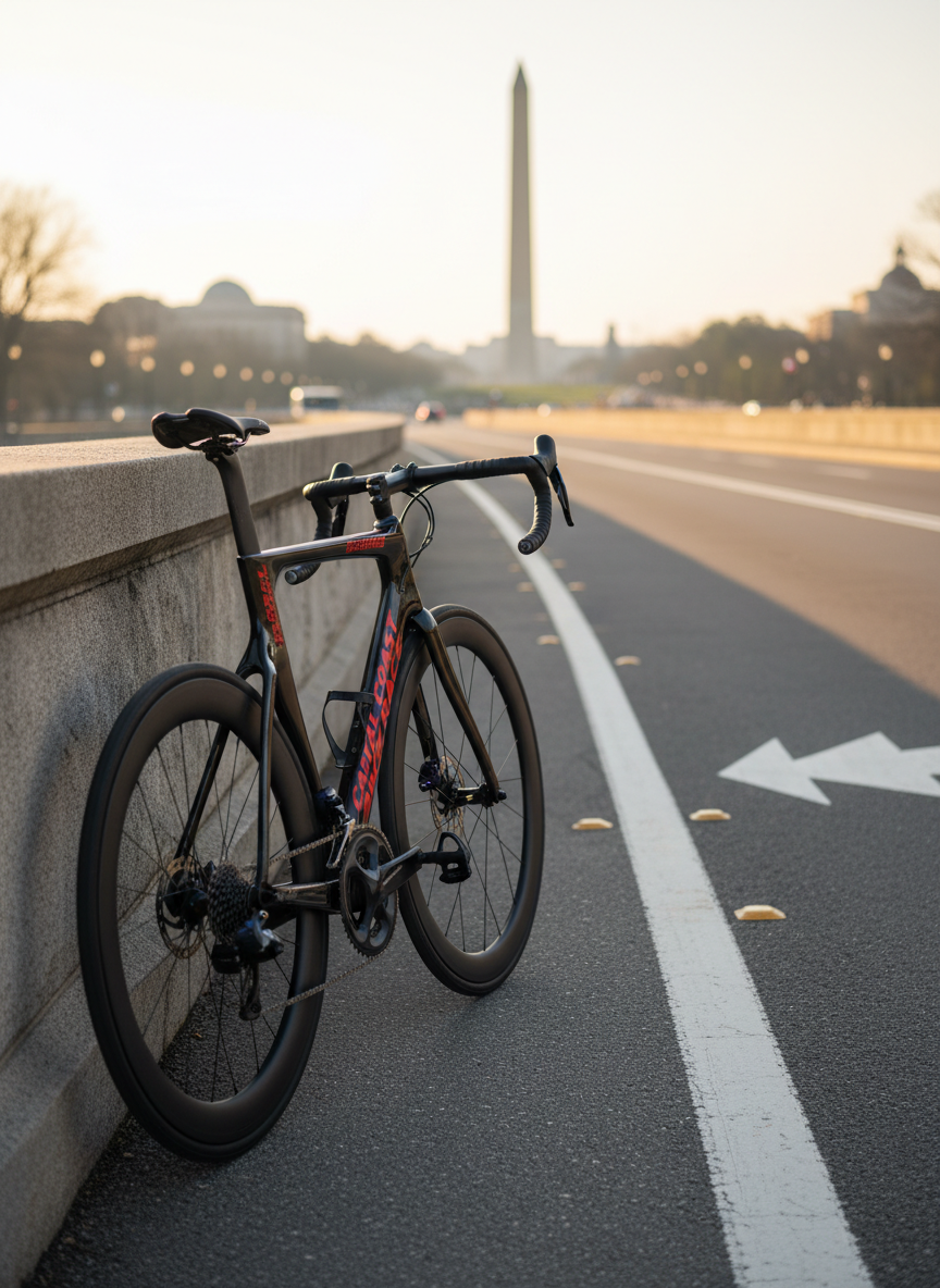 A sleek carbon-fiber racing bicycle with deep-section matte black wheels and a vibrant red frame decal reading “Capital Coast Bike Race,” leaned against a low stone barrier overlooking the Washington Monument in the distance. The asphalt road curves gently into the horizon, road markings crisp and clean. Early morning golden sunlight rakes across the scene, catching subtle highlights on the bike’s components and casting a long, sharp shadow on the pavement. Photographic realism with a clean, modern aesthetic, shot from a slightly low, three-quarter angle, using shallow depth of field so the bike is in razor-sharp focus while the National Mall and monuments fade into a soft, professional blur, creating an energetic yet disciplined atmosphere of high-level endurance racing.