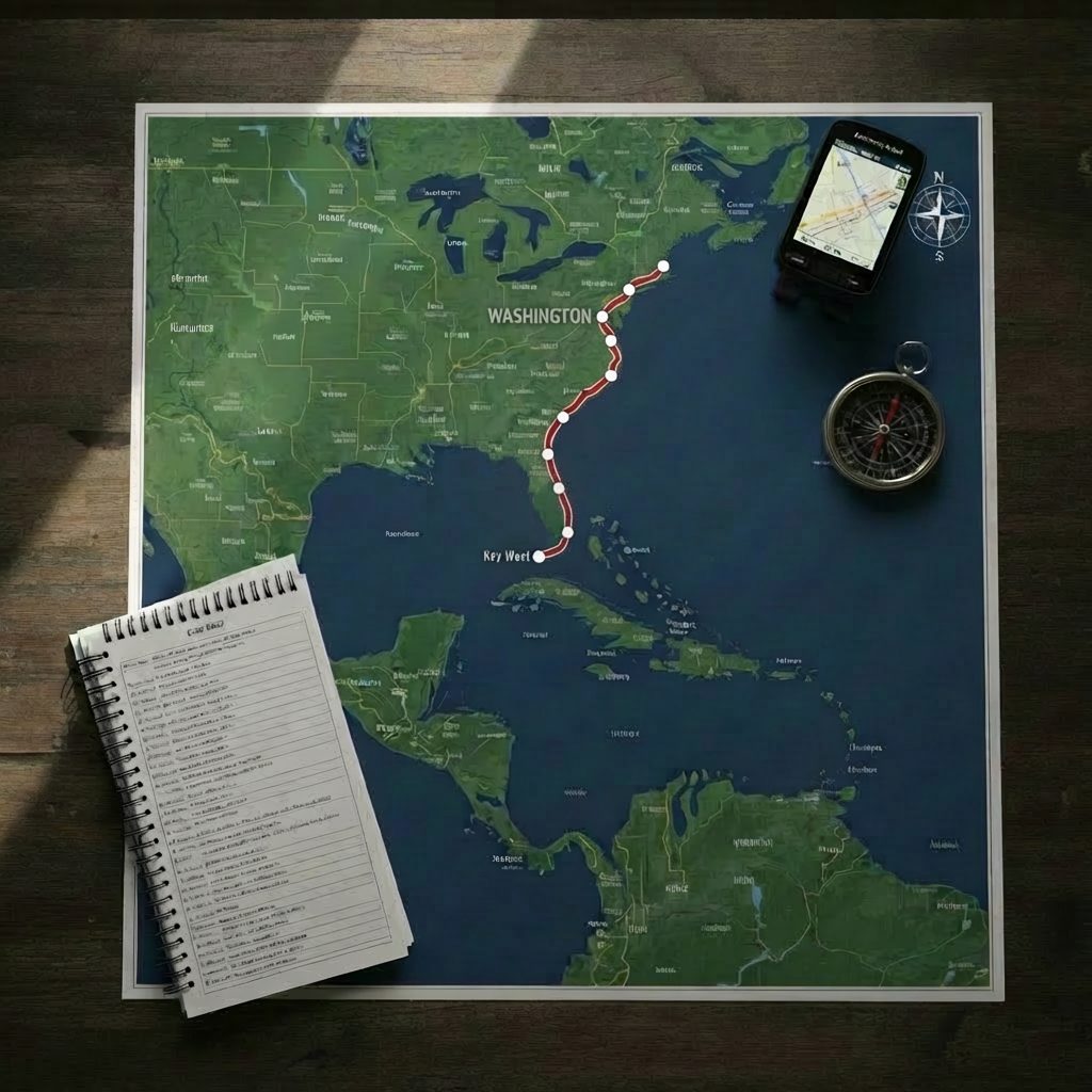 A clean, high-contrast illustrated route map of the U.S. East Coast showing the Capital Coast Bike Race route: starting in Washington, DC, passing through Richmond, Virginia, then Raleigh, North Carolina where the 300-mile race ends, continuing south along the coastline toward Jacksonville, Florida where the 50-mile race ends, and then following the Florida 500 bike race route down the Florida peninsula to Key West where the 1350-mile race ends. Include clear labeled points for Washington, DC; Richmond; Raleigh; Jacksonville; and Key West, with a bold route line connecting them. Style it like a modern adventure map with a subtle compass icon and notebook/travel-journal accents, matching the existing site’s dark, professional cycling theme.