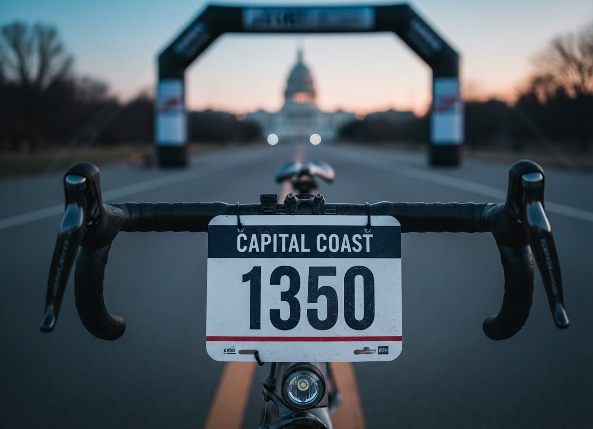 A dynamic, photographic close-up of a race number plate labeled “Capital Coast 1300” securely fastened to a matte titanium bike’s handlebars with black zip ties. The number plate is bright white with bold navy and crimson graphics, slightly speckled with dried road dust. Behind it, the bike’s bar tape, brake levers, and a compact front light are visible in partial focus. The background shows an out-of-focus start arch and a long, empty road stretching away from the U.S. Capitol dome at dawn. Cool blue early-morning light blends with a subtle warm glow on the horizon, creating a serious, anticipatory mood. Shot at eye level with a shallow depth of field for a modern, professional racing aesthetic.