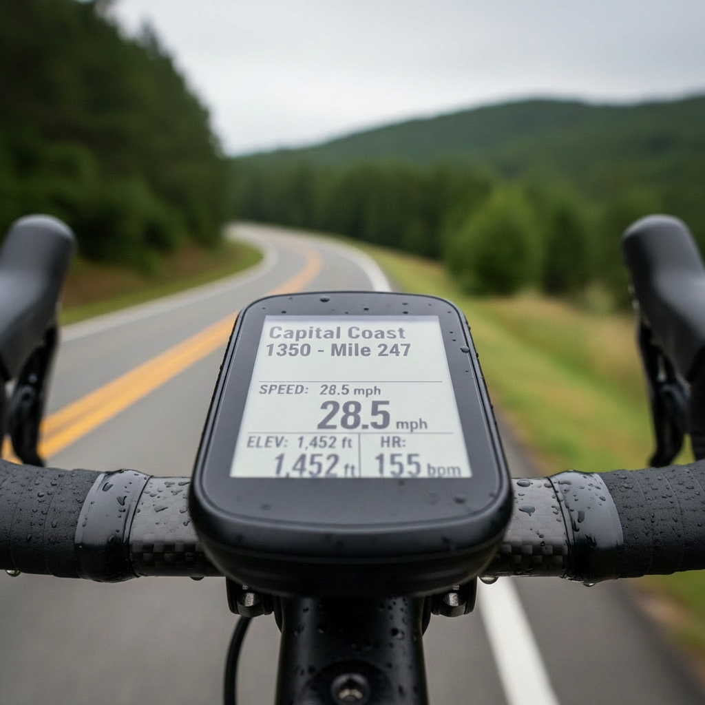 A professional, photographic close-up of a cycling computer mounted on aero bars, its high-contrast screen displaying “Capital Coast 600 – Mile 247” with precise speed, elevation, and heart-rate data. Tiny raindrops cling to the device’s bezel and to the textured black bar tape. In the blurred background, a winding rural road disappears into rolling, tree-lined hills under an overcast sky. Soft, diffused daylight reduces harsh shadows, highlighting the crisp typography and data fields on the screen. Shot from a tight, slightly angled macro perspective, the composition conveys focus, precision, and the technical side of ultra-distance racing, supporting the site’s professional tone and photographic realism.