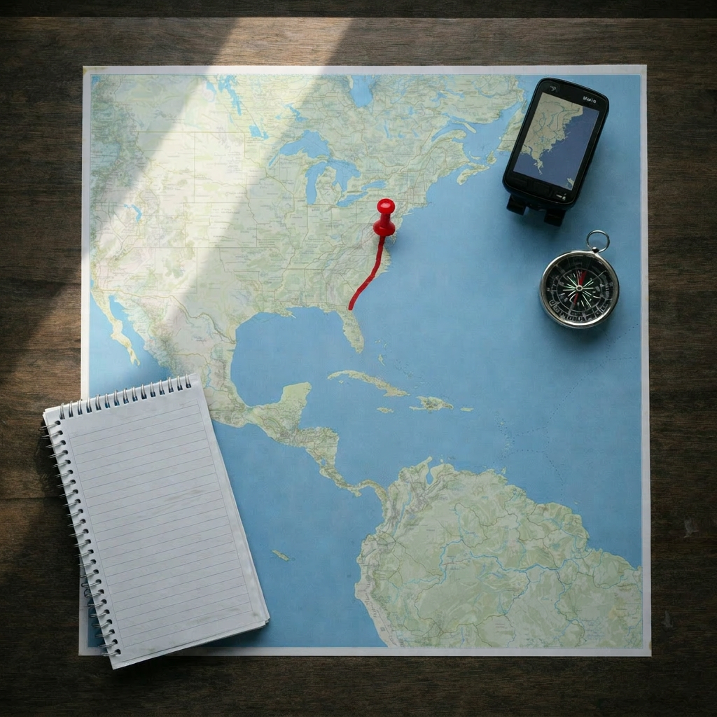 An overhead photographic view of a detailed route map for the Capital Coast Bike Race spread across a dark wooden table, showing multiple colored lines for 300-mile, 600-mile, and 1300+ mile routes radiating from Washington DC toward the coast. Laminated cue sheets, a high-end GPS cycling computer, and a metallic compass are neatly arranged around the map. Soft diffused window light from the left creates gentle reflections on the lamination and subtle shadows from the devices. The composition uses clean, professional typography on the map and a rule-of-thirds layout, emphasizing clarity and precision. The mood is strategic and focused, evoking careful planning for a demanding ultra-distance event, rendered in crisp photographic realism with subdued, sophisticated colors.