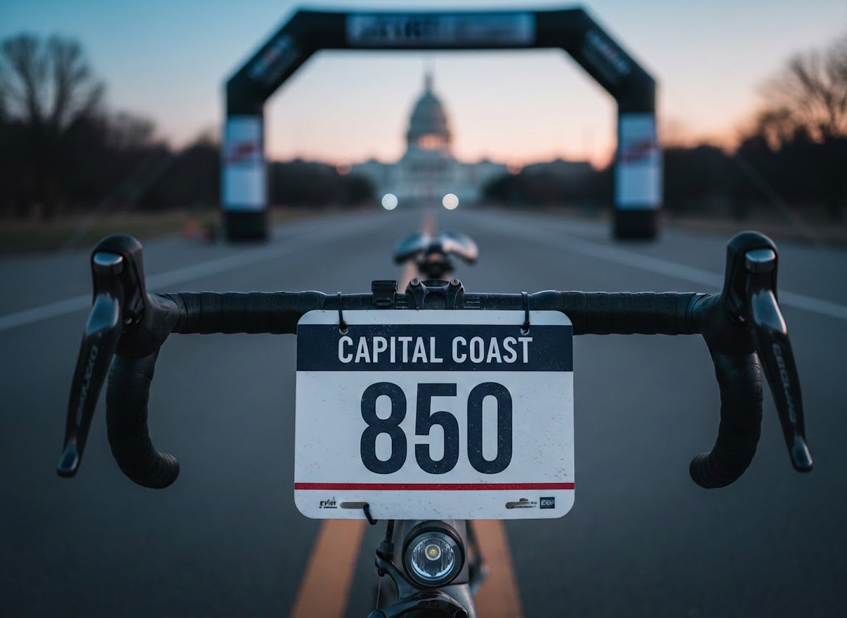 A dynamic, photographic close-up of a race number plate labeled “Capital Coast 1300” securely fastened to a matte titanium bike’s handlebars with black zip ties. The number plate is bright white with bold navy and crimson graphics, slightly speckled with dried road dust. Behind it, the bike’s bar tape, brake levers, and a compact front light are visible in partial focus. The background shows an out-of-focus start arch and a long, empty road stretching away from the U.S. Capitol dome at dawn. Cool blue early-morning light blends with a subtle warm glow on the horizon, creating a serious, anticipatory mood. Shot at eye level with a shallow depth of field for a modern, professional racing aesthetic.