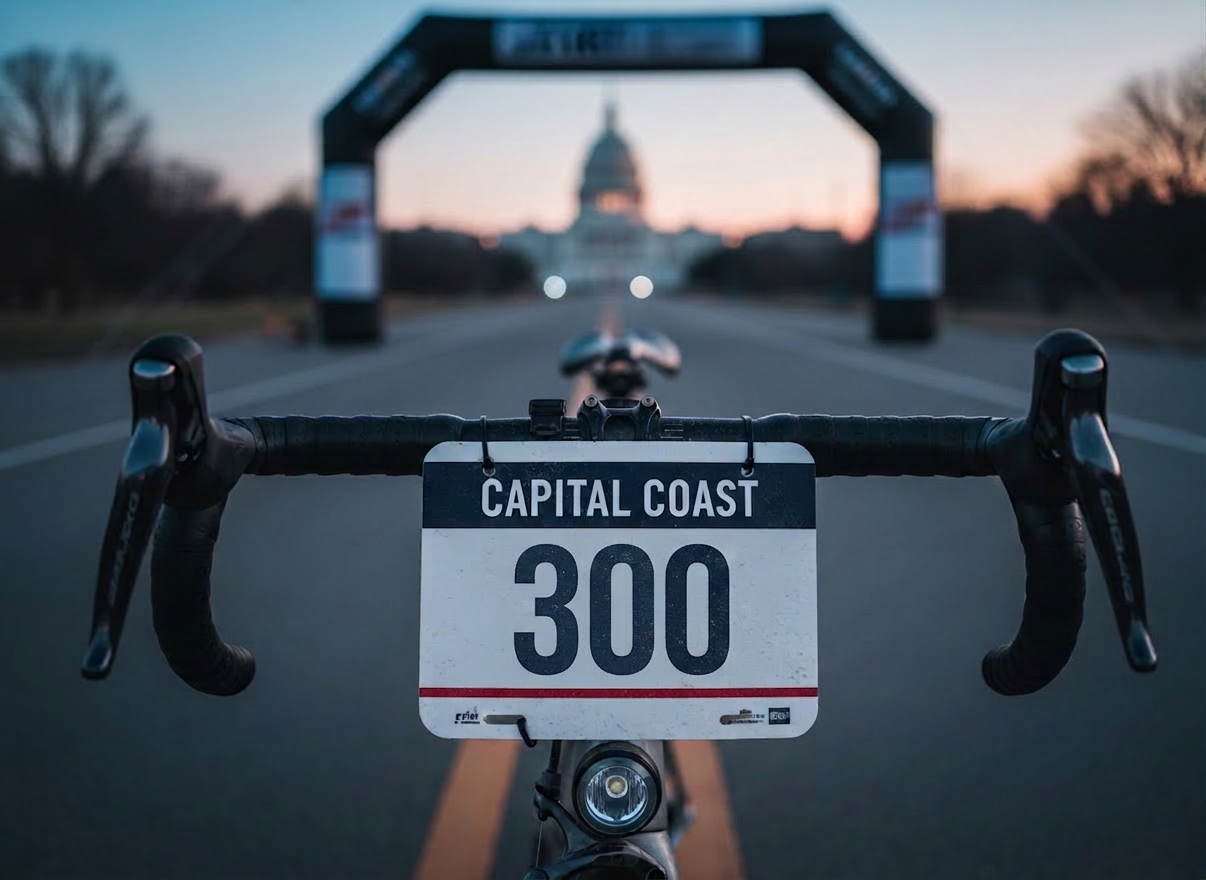 bike race A dynamic, photographic close-up of a race number plate labeled “Capital Coast 1300” securely fastened to a matte titanium bike’s handlebars with black zip ties. The number plate is bright white with bold navy and crimson graphics, slightly speckled with dried road dust. Behind it, the bike’s bar tape, brake levers, and a compact front light are visible in partial focus. The background shows an out-of-focus start arch and a long, empty road stretching away from the U.S. Capitol dome at dawn. Cool blue early-morning light blends with a subtle warm glow on the horizon, creating a serious, anticipatory mood. Shot at eye level with a shallow depth of field for a modern, professional racing aesthetic.