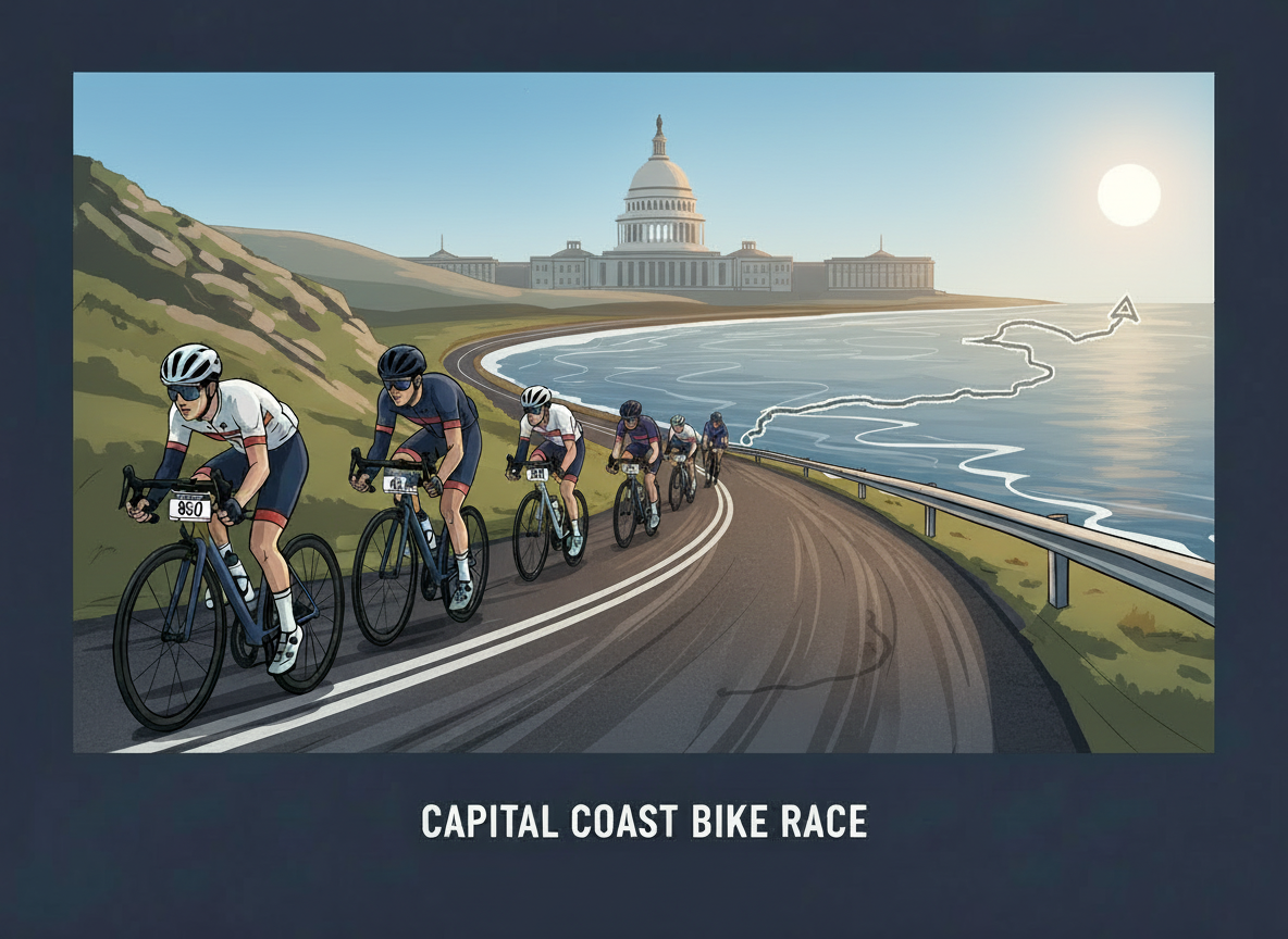 Edit the existing Capital Coast Bike Race image beside the Race Rules and Rider Expectations section. Keep the bicycle, rough course map, and the words “Capital Coast Bike Race” unchanged. Make the sky a natural clear blue, add a realistic warm sun, change the road to convincing dark asphalt texture, render the mountains in natural realistic mountain colors, and make the rail look like real silver metal. Preserve the overall composition and do not add any new text or numbers.